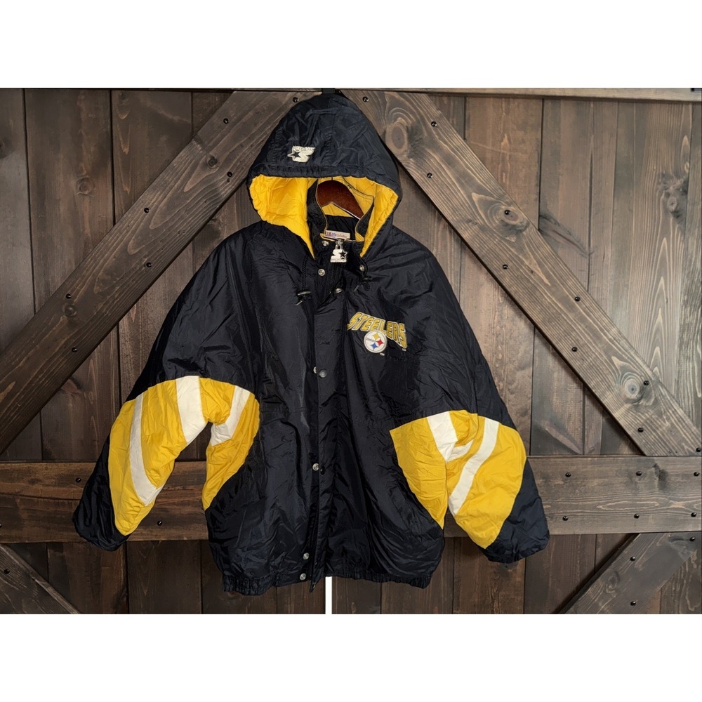 Starter VTG 90s Y2K Pittsburgh Steelers Zipup Hooded Puffer Jacket Mens XL EUC